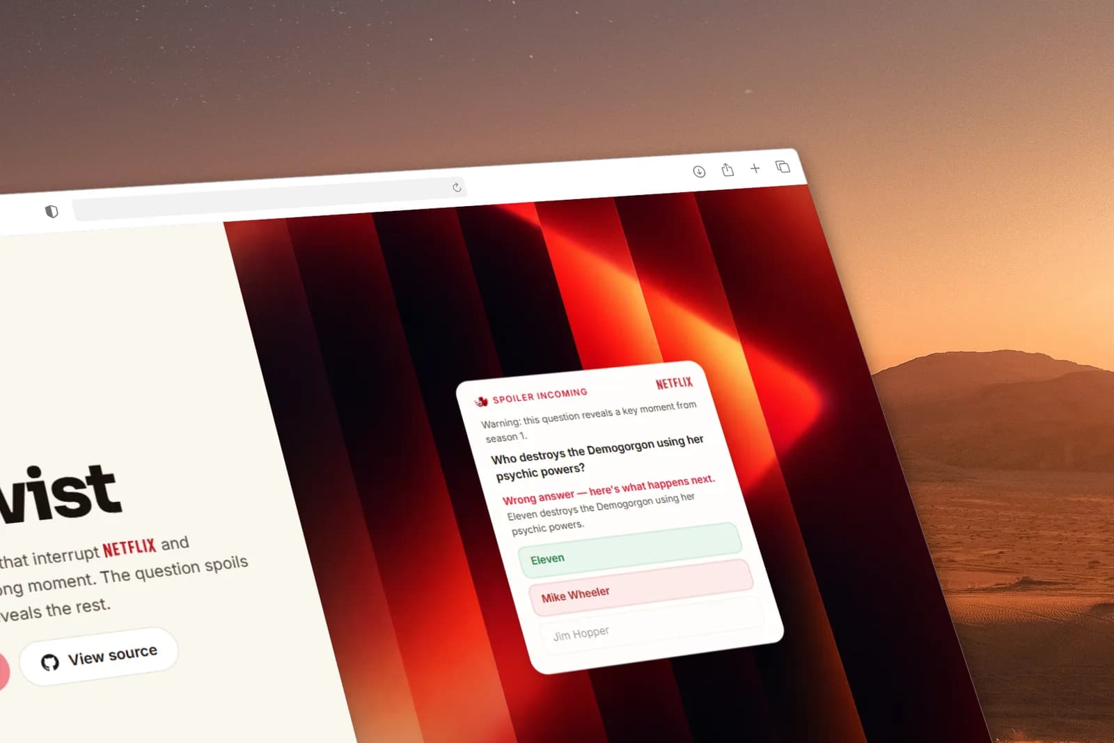 Angled browser mockup showing the PlotTwist quiz over its red landing visual