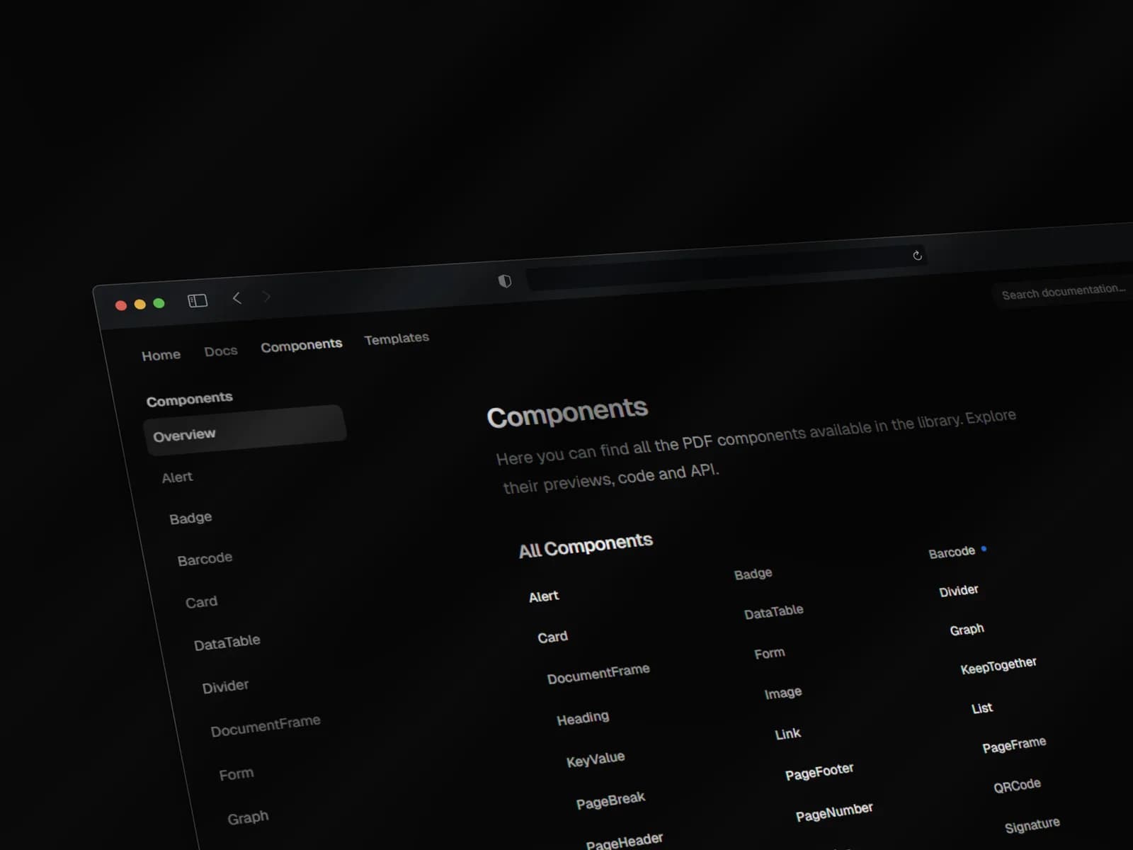 docn-ui component catalogue listing reusable PDF building blocks