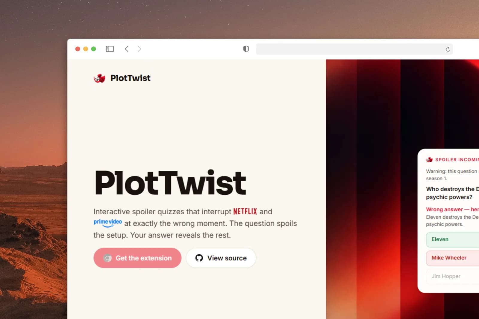 Close view of the PlotTwist landing page and a Netflix spoiler quiz