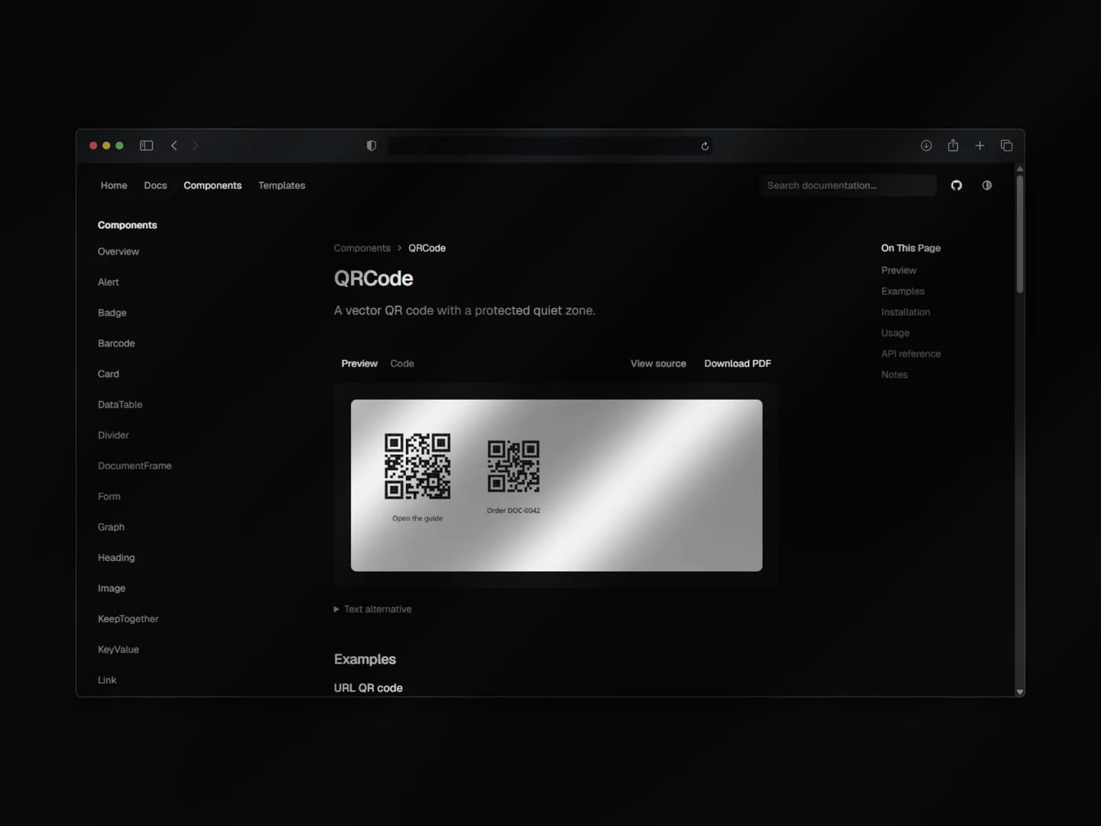 docn-ui QR Code component documentation with PDF preview, usage, and source