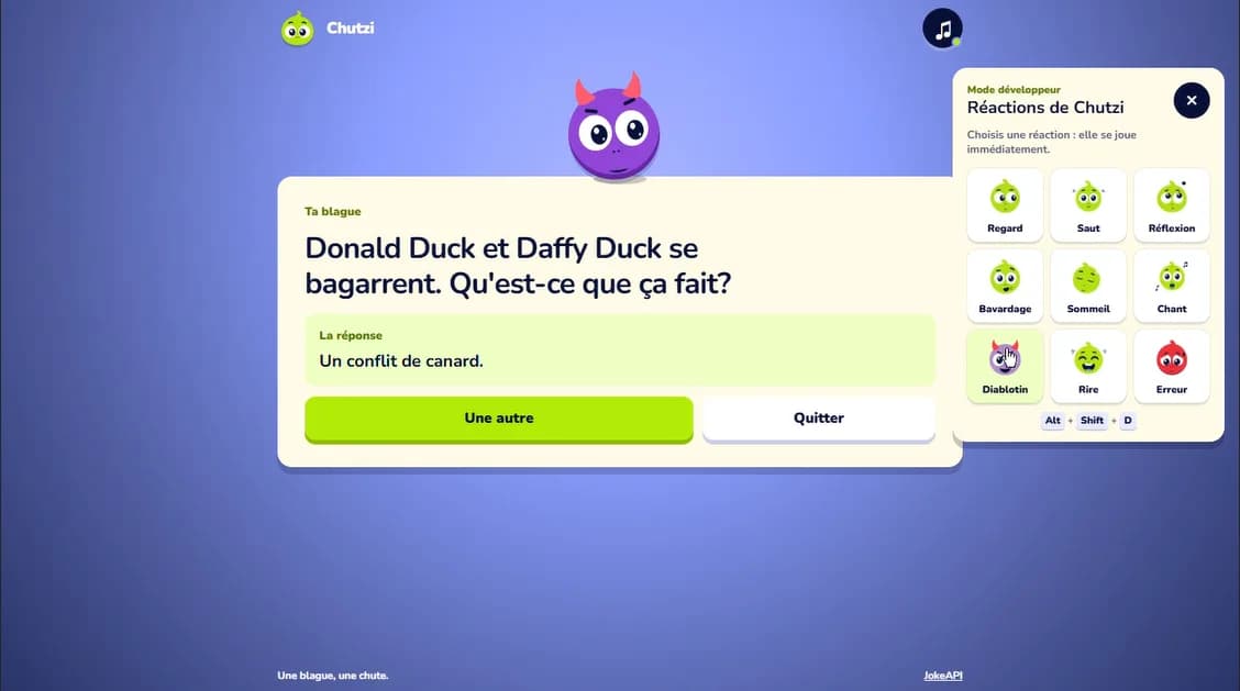 Chutzi developer panel showing nine mascot reactions beside the joke card